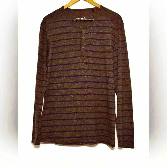 🛑 Jared Lang Mens Henley Brown/Blue Striped Long Sleeve Cotton Blend T-shirt M - Picture 2 of 5